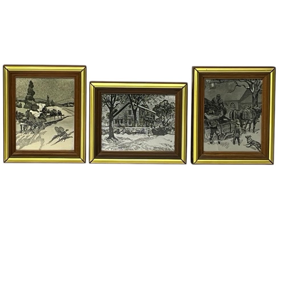 Framed Foil Etching Winter Farmhouse‎ Horses 6" x 5" Set of 3